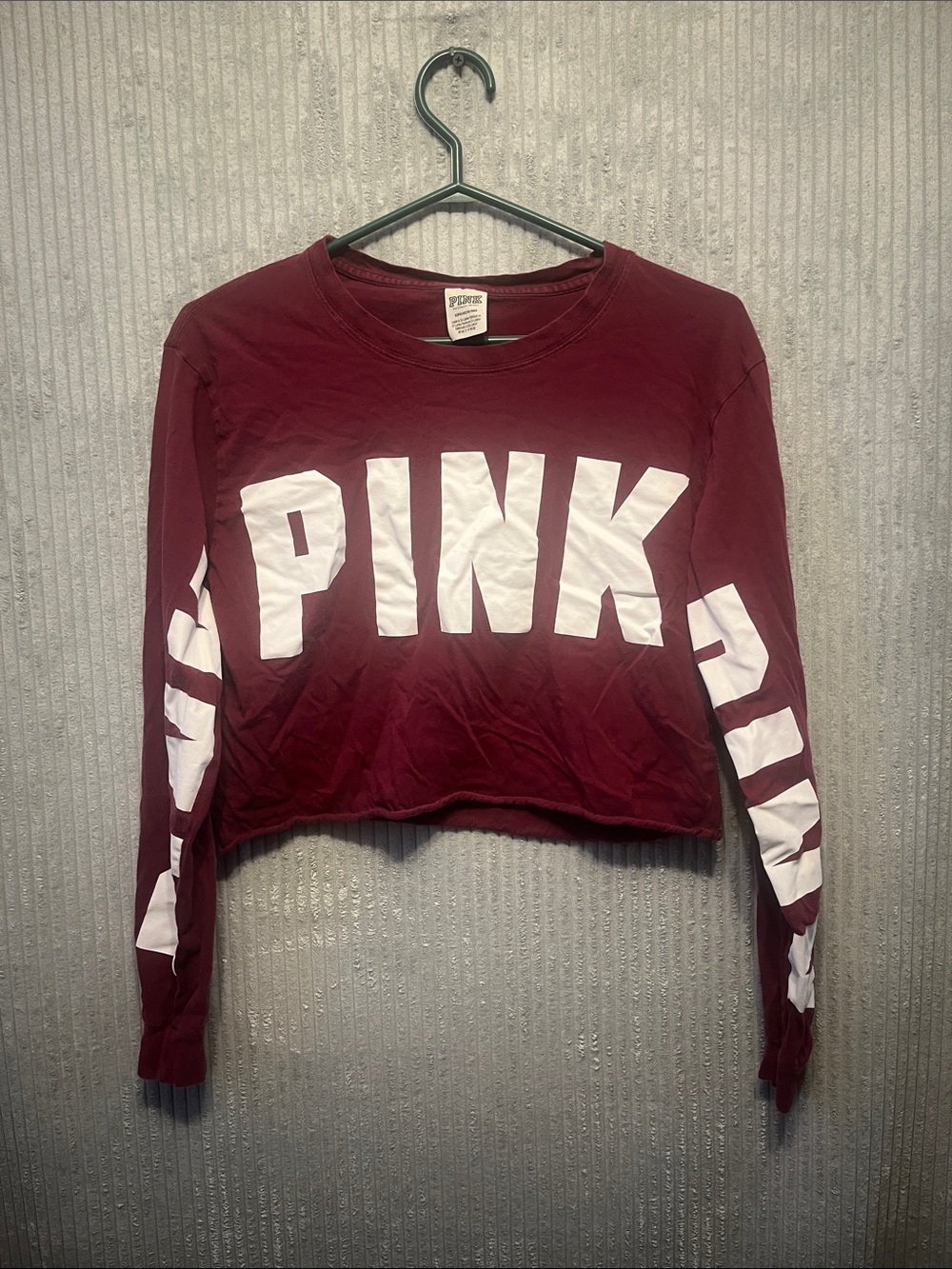 PINK Victoria's Secret Cropped Crewneck Sweatshirt - Burgundy with White Logo Sm